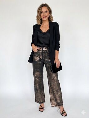 Rose Gold Metallic Pants High Waist Straight Leg Shimmer Luxe Chic